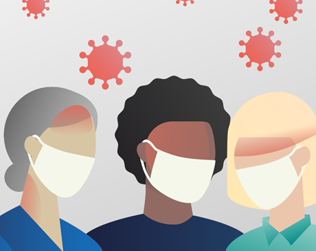 Illustration of three silhouettes of people with face masks on, with red shading on their heads to denote headache. Red viral particles of various sizes are scattered above the silhouettes.